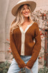 Contrast Trim Notched Neck Button Front Knit Cardigan