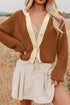 Contrast Trim Notched Neck Button Front Knit Cardigan