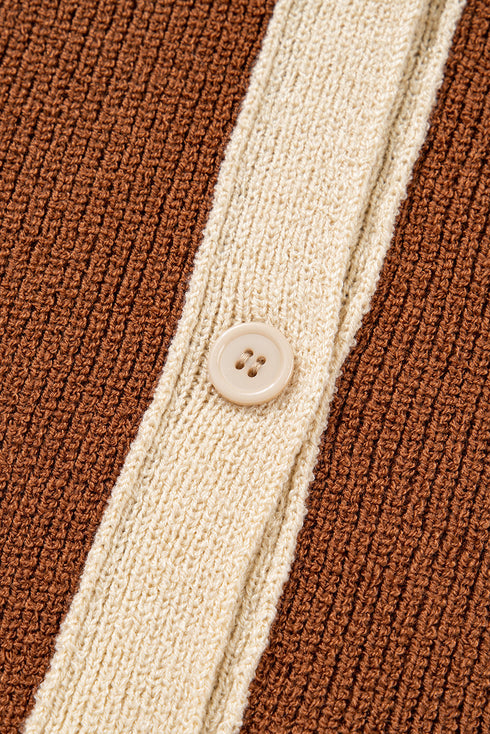 Contrast Trim Notched Neck Button Front Knit Cardigan