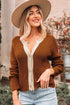 Contrast Trim Notched Neck Button Front Knit Cardigan