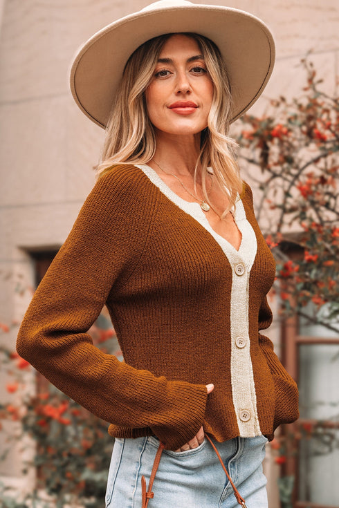 Contrast Trim Notched Neck Button Front Knit Cardigan
