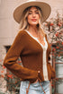 Contrast Trim Notched Neck Button Front Knit Cardigan