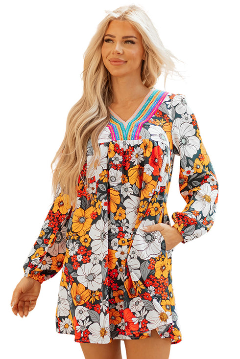 Contrast Trim Patchwork V Neck Long Sleeve Floral Dress