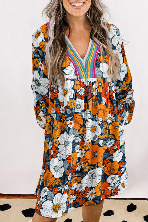 Contrast Trim Patchwork V Neck Long Sleeve Floral Dress