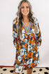 Contrast Trim Patchwork V Neck Long Sleeve Floral Dress