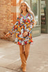 Contrast Trim Patchwork V Neck Long Sleeve Floral Dress