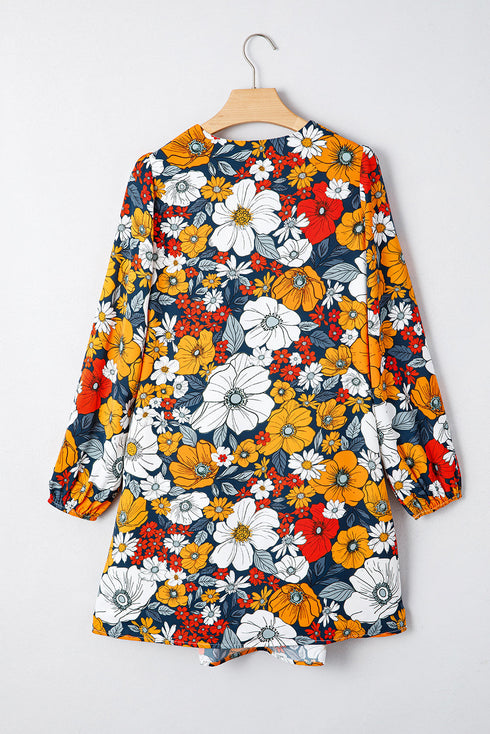 Contrast Trim Patchwork V Neck Long Sleeve Floral Dress