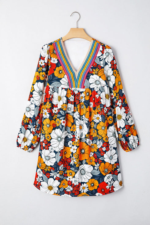 Contrast Trim Patchwork V Neck Long Sleeve Floral Dress