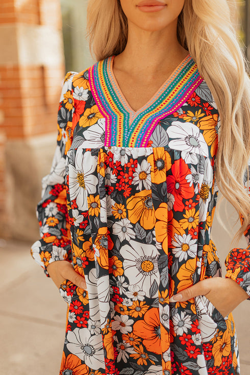 Contrast Trim Patchwork V Neck Long Sleeve Floral Dress
