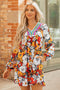 Contrast Trim Patchwork V Neck Long Sleeve Floral Dress