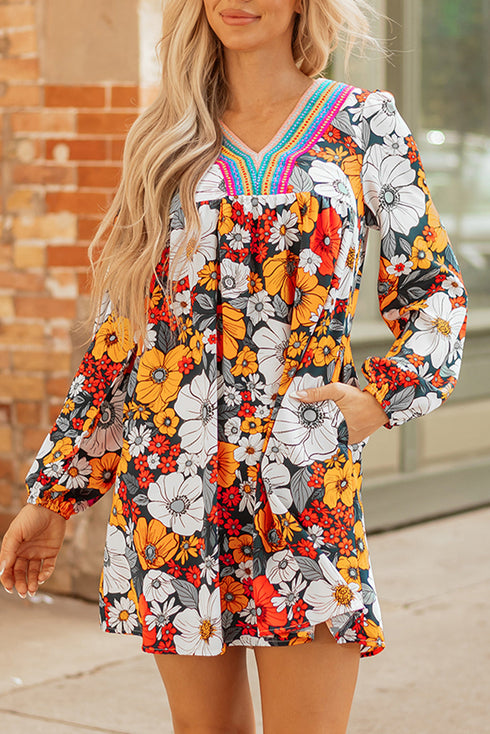 Contrast Trim Patchwork V Neck Long Sleeve Floral Dress