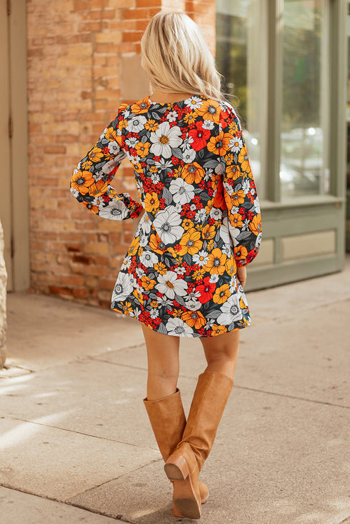 Contrast Trim Patchwork V Neck Long Sleeve Floral Dress