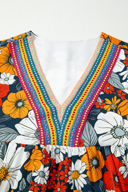 Contrast Trim Patchwork V Neck Long Sleeve Floral Dress
