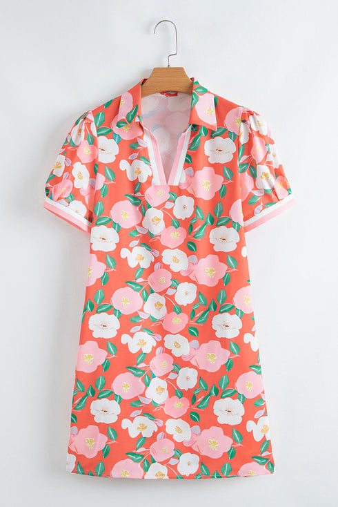 Contrast Trim Polo Collar T Shirt Floral Dress