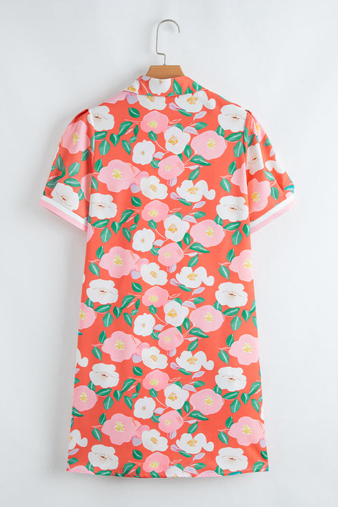 Contrast Trim Polo Collar T Shirt Floral Dress