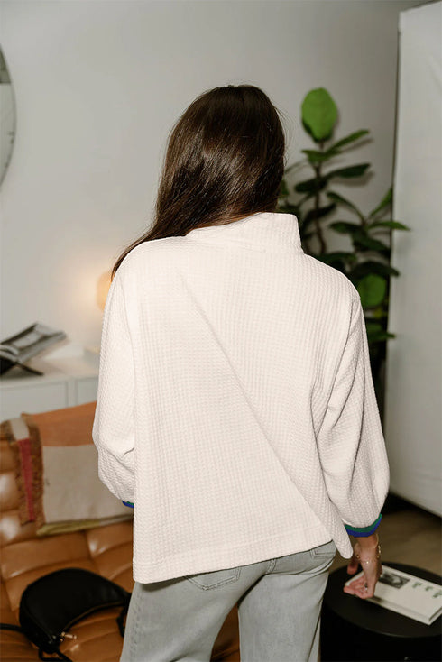 Contrast Trim Quarter Zip Waffle Knit Polo Top