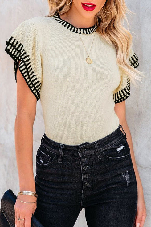 Contrast Trim Round Neck Batwing Sleeve Knitted Top