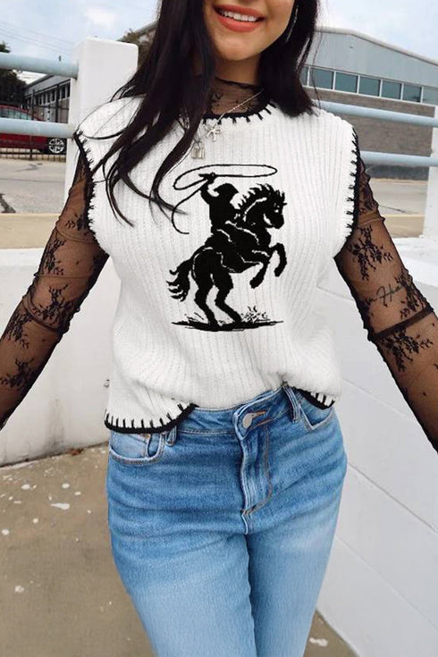 Contrast Trim Round Neck Rodeo Cowboy Sweater Vest