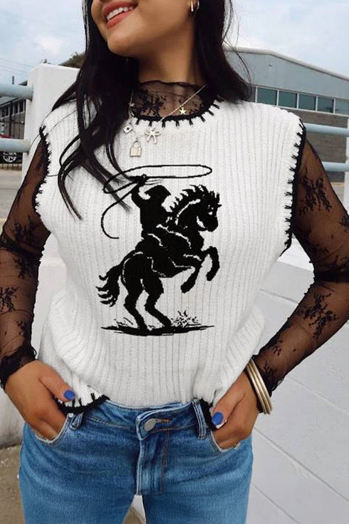 Contrast Trim Round Neck Rodeo Cowboy Sweater Vest