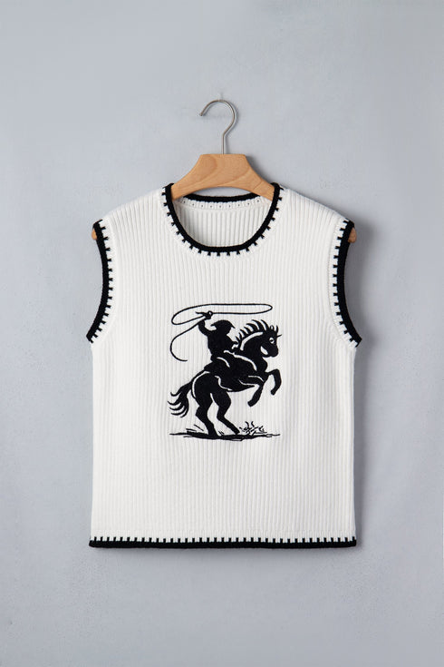 Contrast Trim Round Neck Rodeo Cowboy Sweater Vest