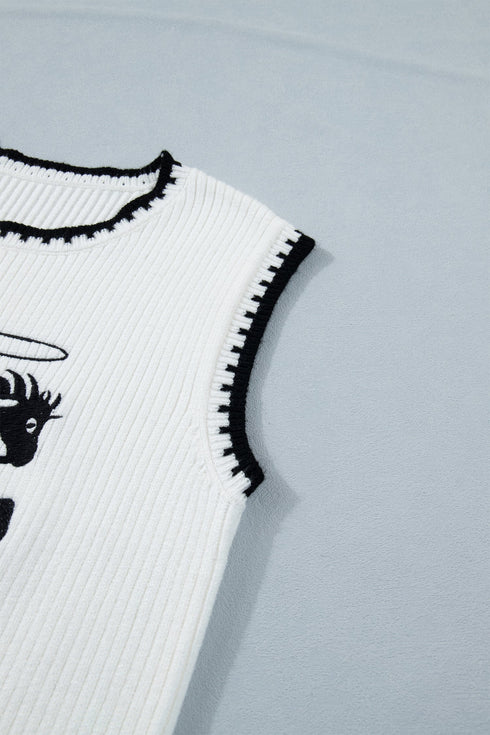 Contrast Trim Round Neck Rodeo Cowboy Sweater Vest