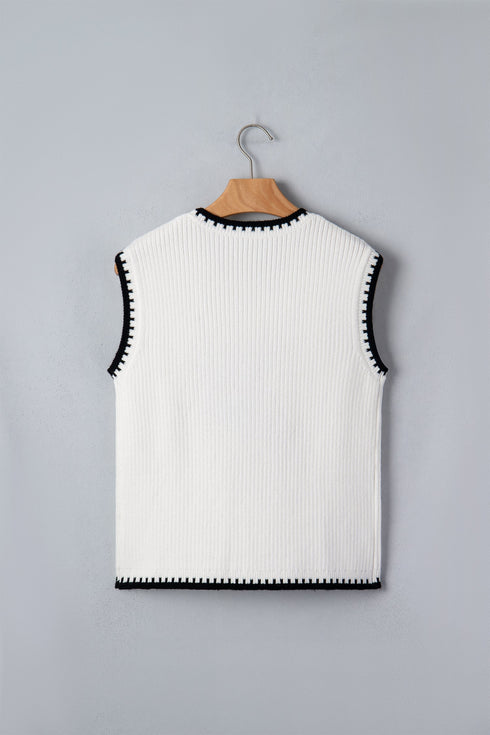 Contrast Trim Round Neck Rodeo Cowboy Sweater Vest