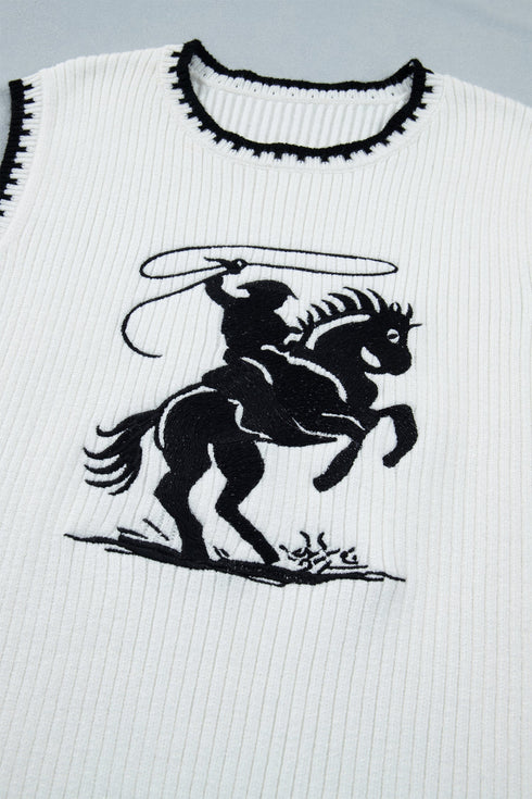 Contrast Trim Round Neck Rodeo Cowboy Sweater Vest