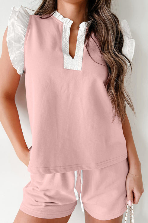 Contrast Trim Ruffled Sleeve Smocked Drawstring Short Set