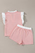 Contrast Trim Ruffled Sleeve Smocked Drawstring Short Set