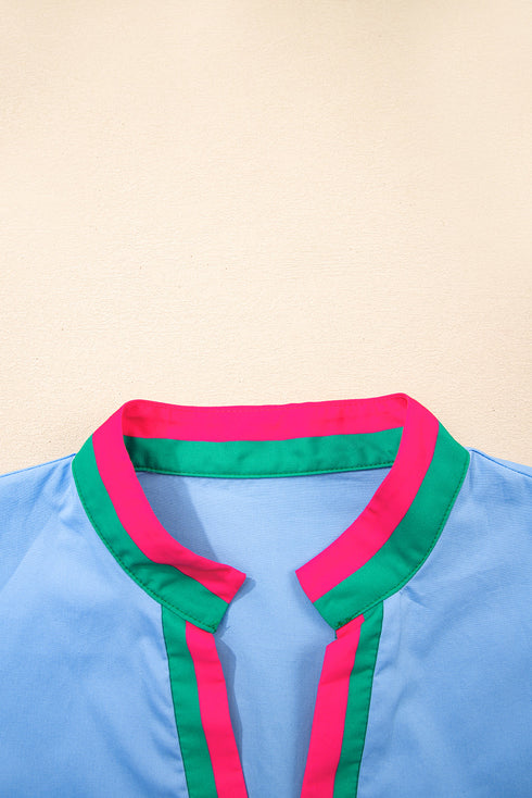 Contrast Trim Split Neck Puff Sleeve Woven Blouse