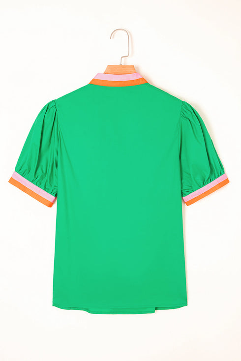 Contrast Trim Split Neck Puff Sleeve Woven Blouse