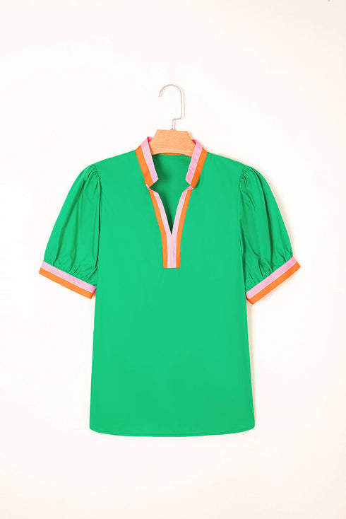 Contrast Trim Split Neck Puff Sleeve Woven Blouse