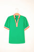 Contrast Trim Split Neck Puff Sleeve Woven Blouse