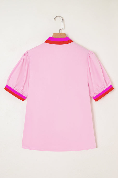Contrast Trim Split Neck Puff Sleeve Woven Blouse