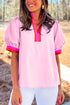 Contrast Trim Split Neck Puff Sleeve Woven Blouse