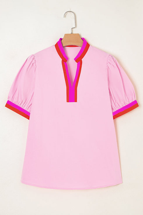 Contrast Trim Split Neck Puff Sleeve Woven Blouse