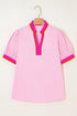 Contrast Trim Split Neck Puff Sleeve Woven Blouse