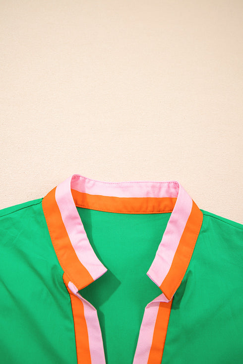 Contrast Trim Split Neck Puff Sleeve Woven Blouse
