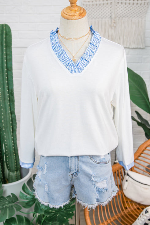 Contrast Trim Striped Patchwork V Neck Blouse