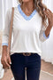 Contrast Trim Striped Patchwork V Neck Blouse