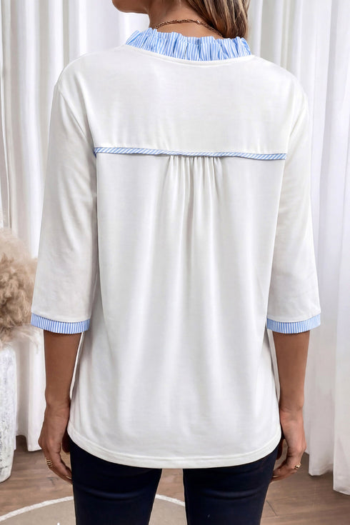 Contrast Trim Striped Patchwork V Neck Blouse