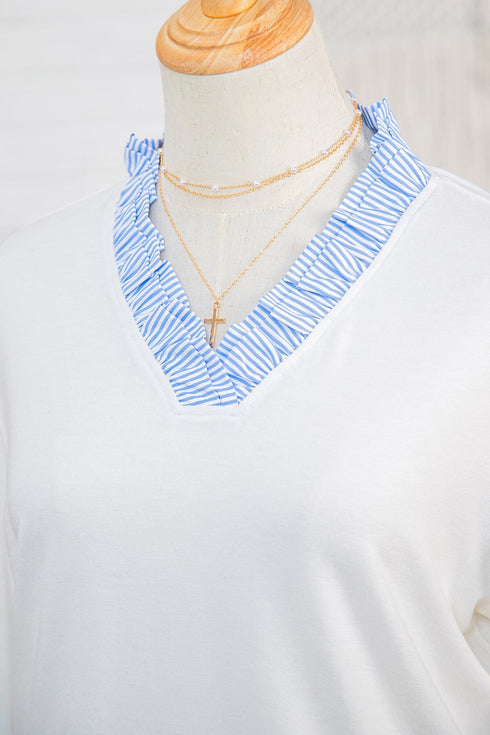 Contrast Trim Striped Patchwork V Neck Blouse