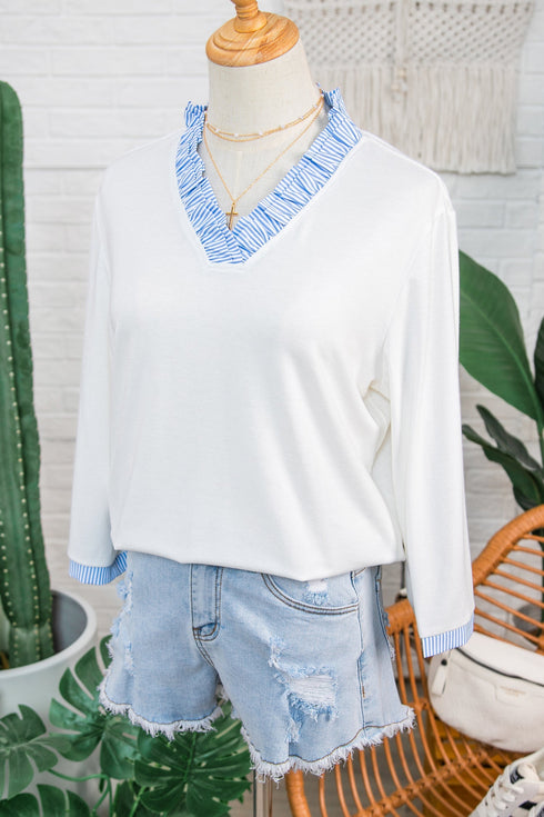 Contrast Trim Striped Patchwork V Neck Blouse