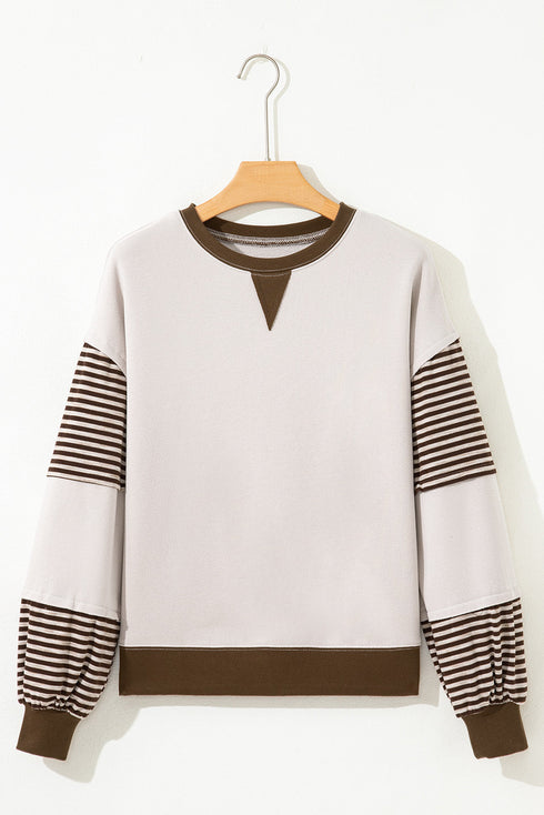 Contrast Trim Striped Sleeve Relaxed Fit Pullover Sweatshirt