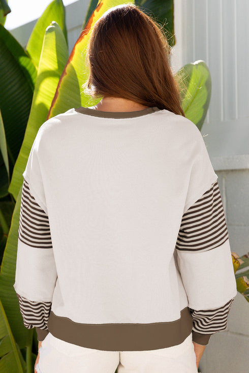 Contrast Trim Striped Sleeve Relaxed Fit Pullover Sweatshirt