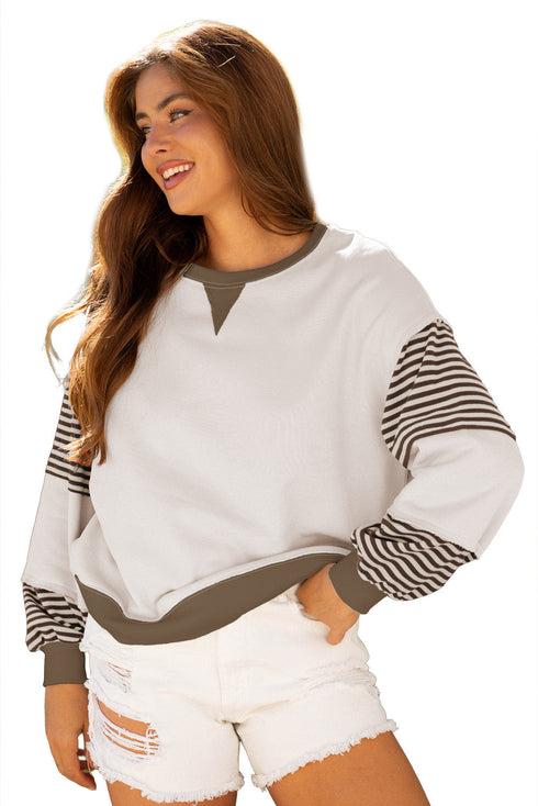 Contrast Trim Striped Sleeve Relaxed Fit Pullover Sweatshirt