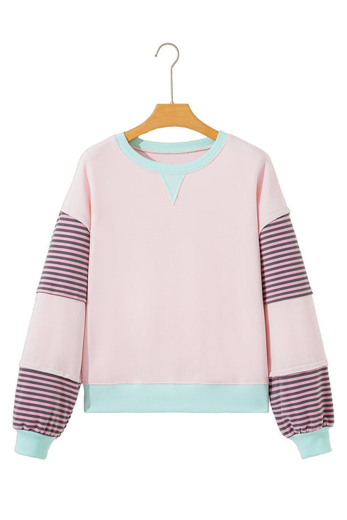 Contrast Trim Striped Sleeve Relaxed Fit Pullover Sweatshirt