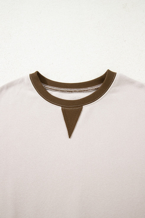 Contrast Trim Striped Sleeve Relaxed Fit Pullover Sweatshirt
