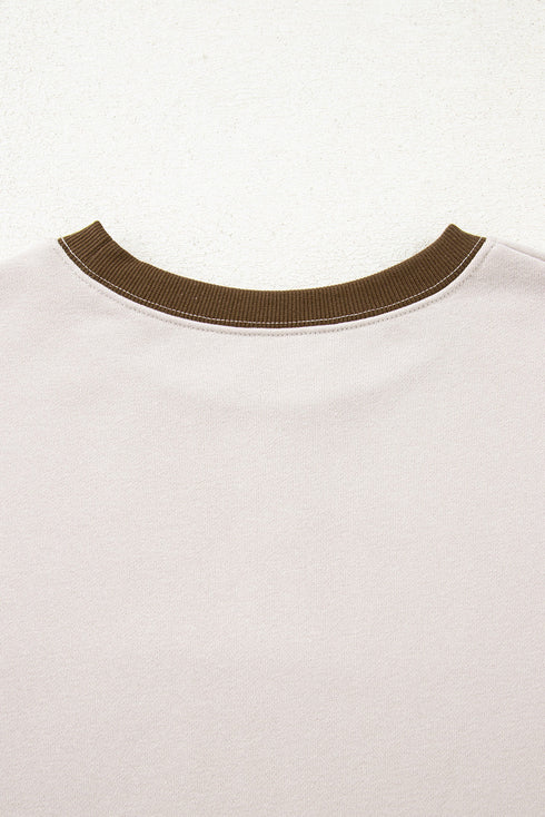 Contrast Trim Striped Sleeve Relaxed Fit Pullover Sweatshirt
