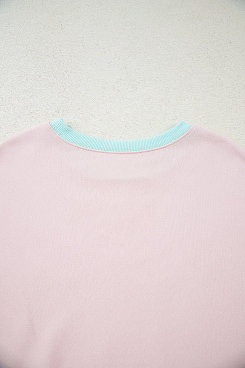 Contrast Trim Striped Sleeve Relaxed Fit Pullover Sweatshirt